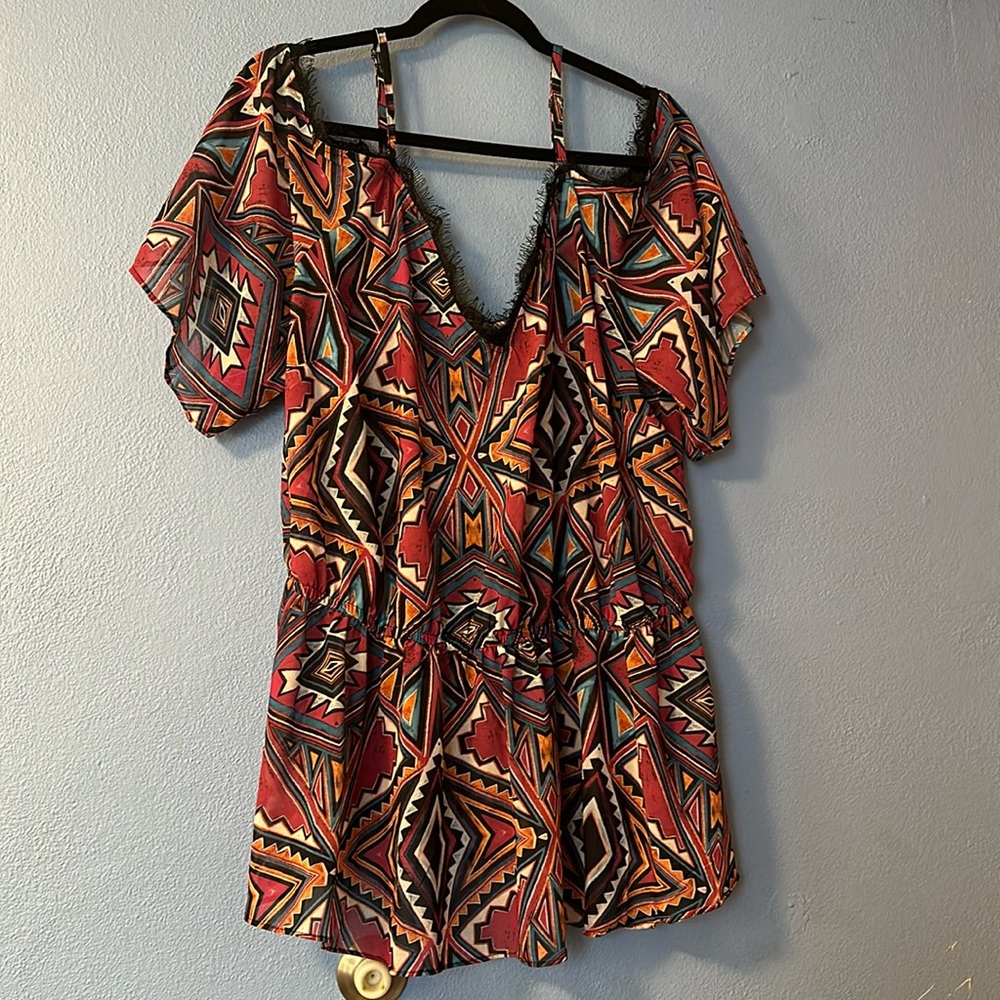 Fashion to Figure 2 Swing Cold-Shoulder Aztec Pattern Elastic Waist V-neck Top